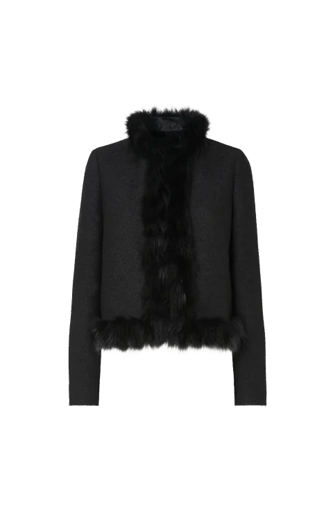 Fox Fur-Trimmed Bouclé Wool Blouson in Black