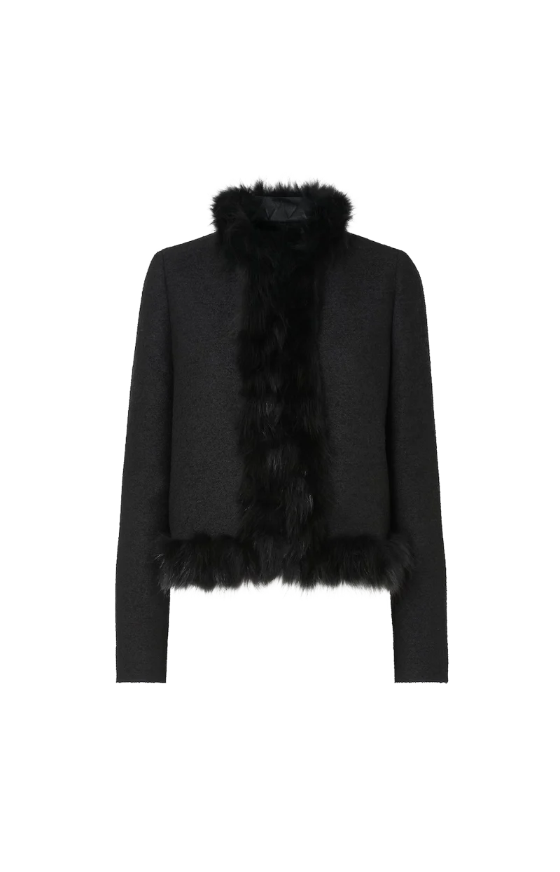 Fox Fur-Trimmed Bouclé Wool Blouson in Black