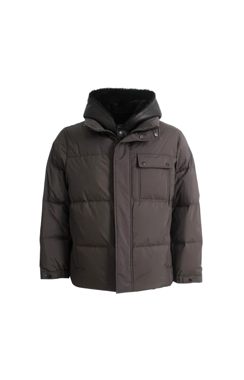 Shearling-Trim Padded Coat in Brown