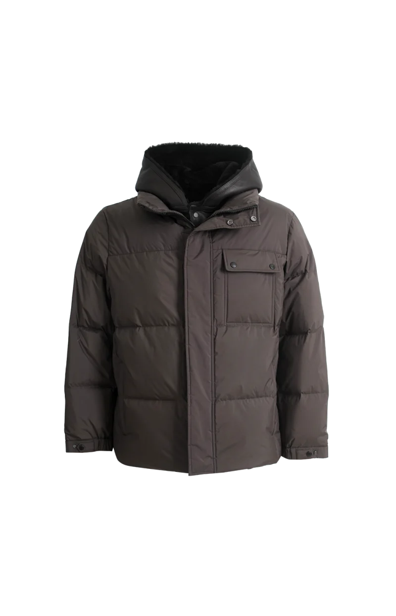 Shearling-Trim Padded Coat in Brown