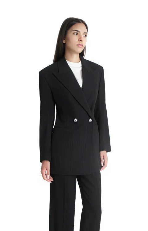 Double-Breasted Jacket in Chalk-Stripe Wool Mélange in Black/Grey — снимка 2