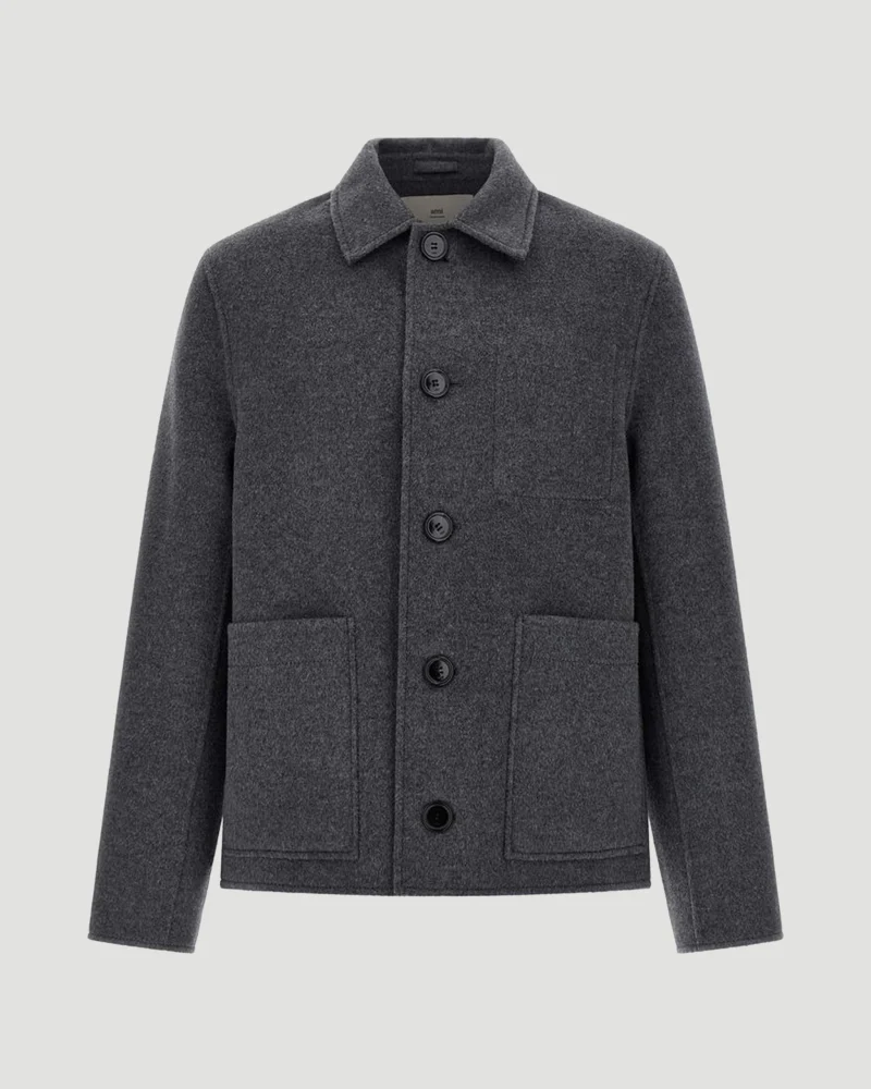 Wool Boxy Buttoned Jacket in Grey