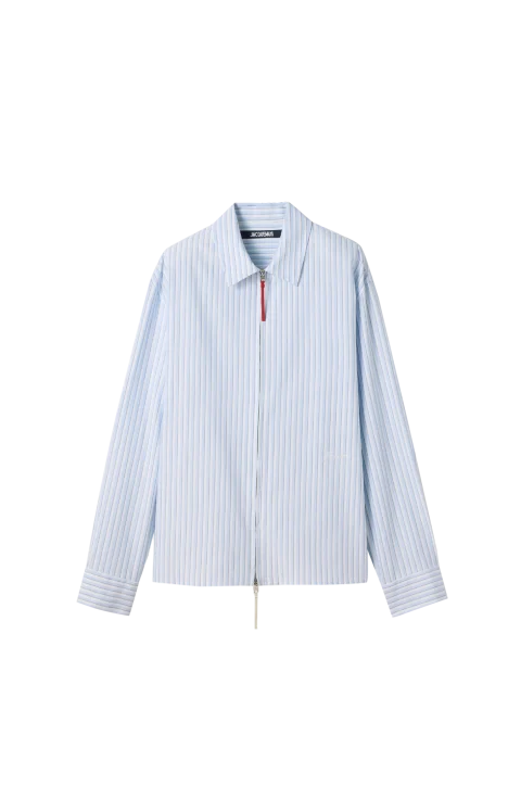 Long-Sleeve Zip-Front Striped Shirt in Blue
