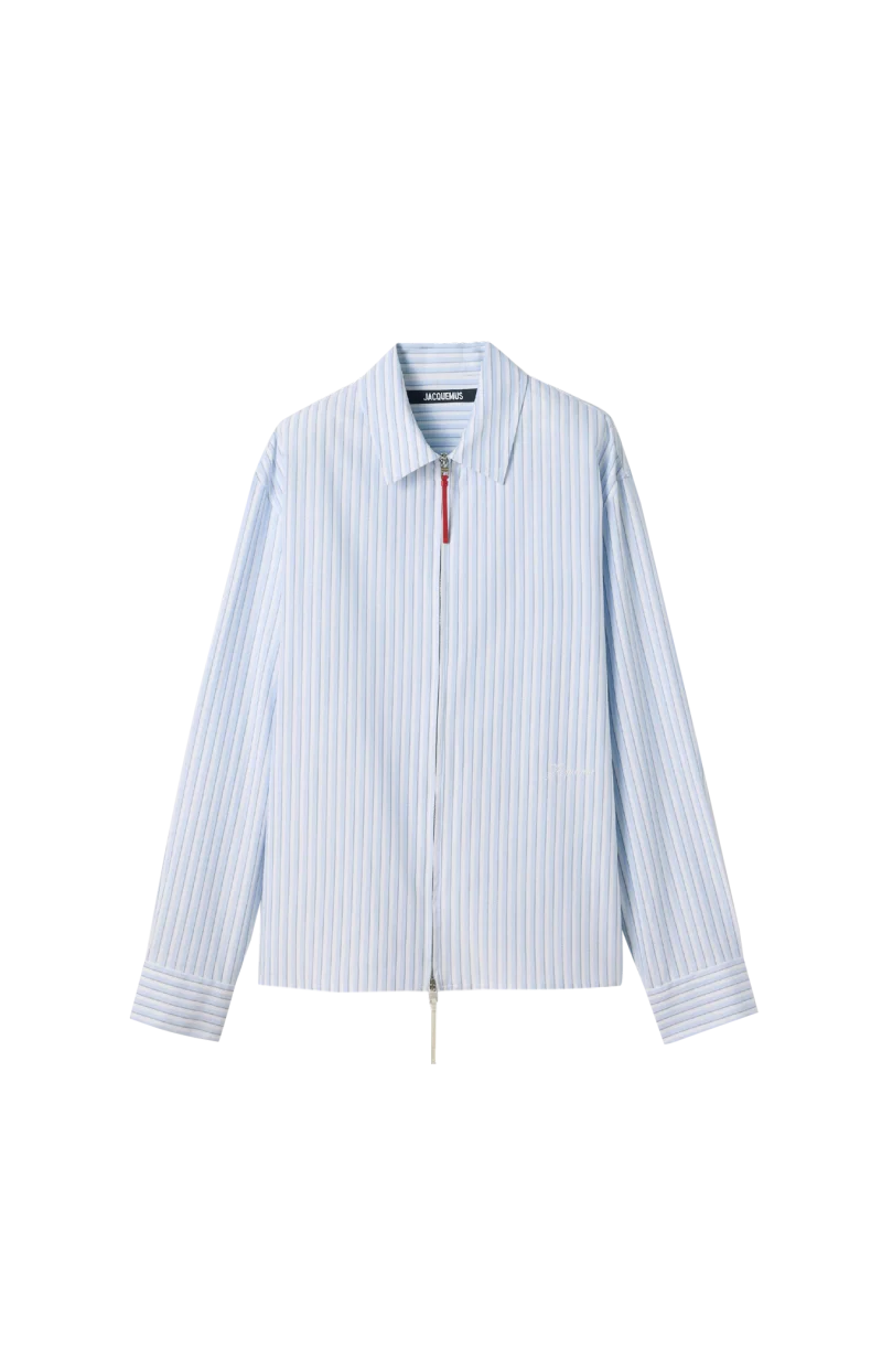 Long-Sleeve Zip-Front Striped Shirt in Blue