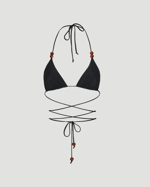 Strappy Triangle Bikini Top with Beads in Black