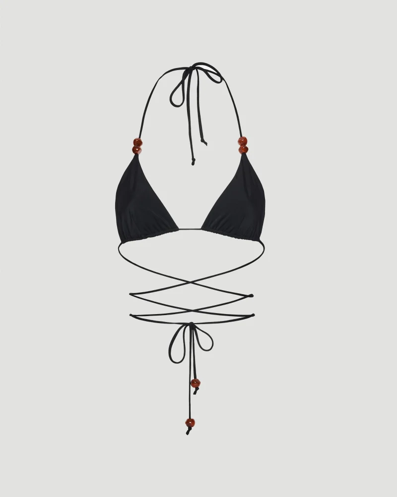 Strappy Triangle Bikini Top with Beads in Black