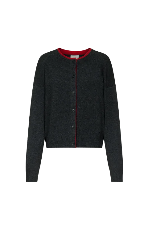 Nicola Bicolor Cashmere Cardigan in Charcoal/Red