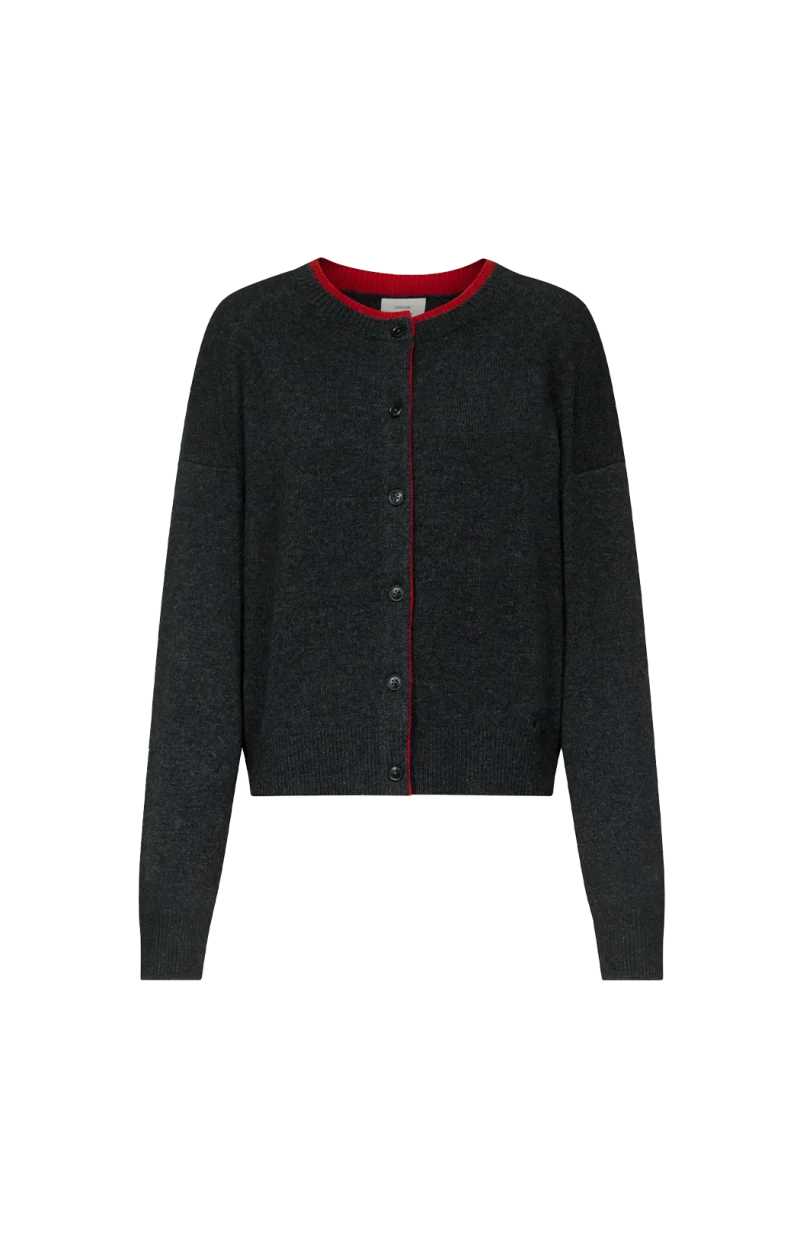 Nicola Bicolor Cashmere Cardigan in Charcoal/Red