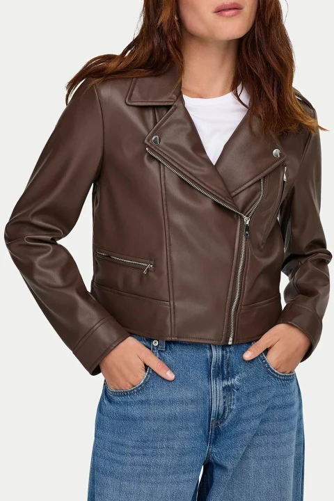 Яке Onlcarmen Faux Leather Biker 15361396 19-1216 TCX chocolate martini — снимка 2