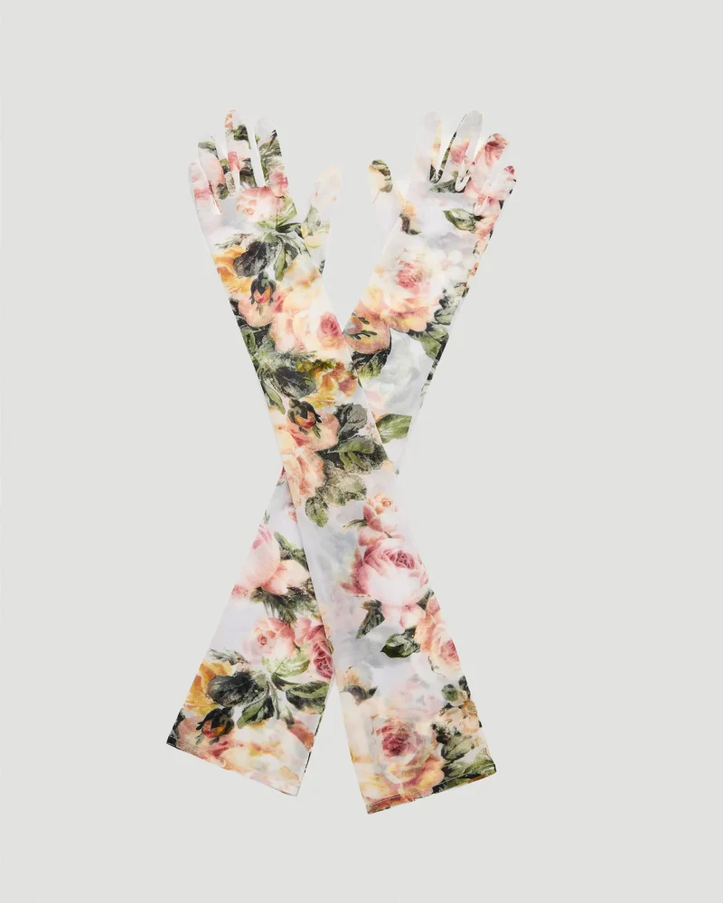 Cupro Gloves in Cream Rose Print