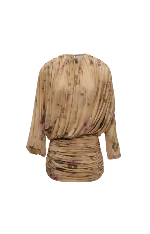 Gathered Cupro Mini Dress in Beige Floral Print