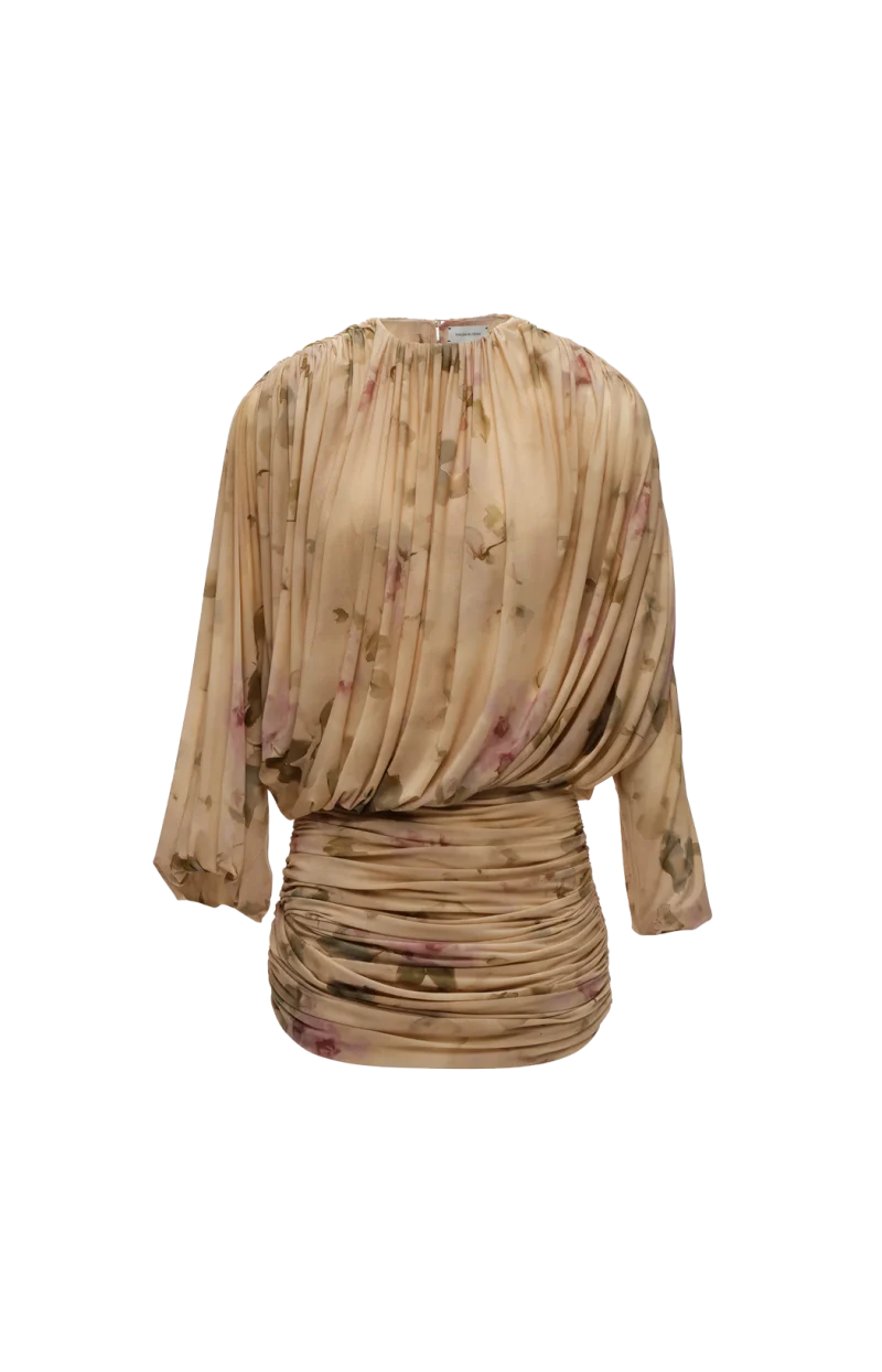 Gathered Cupro Mini Dress in Beige Floral Print