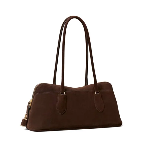 Дамска кафява чанта LOCK SUEDE EAST-WEST SATCHEL TORY BURCH — снимка 7