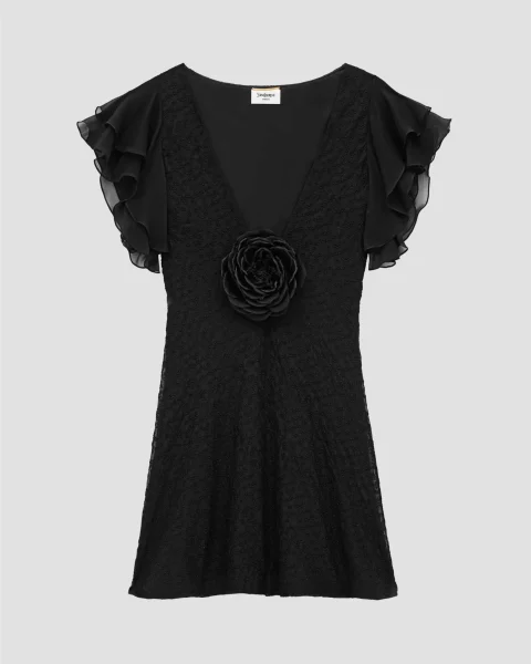 V-Neck Dress in Embroidered Muslin