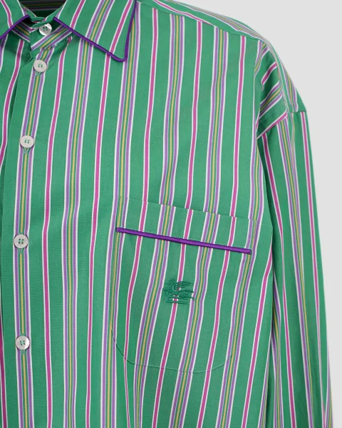 Striped Cotton Poplin Shirt in Green — снимка 3