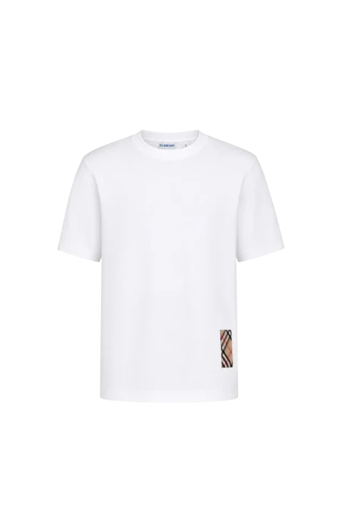 Check Cashmere Patch Cotton T-shirt in Chalk White