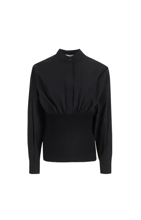 Cotton Poplin Shirt with Ribbed Waist