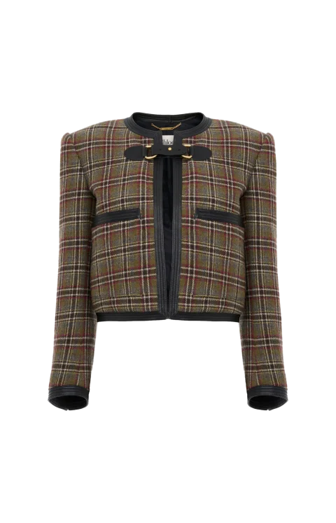 Collarless Cropped Boxy Jacket in Green Check Wool
