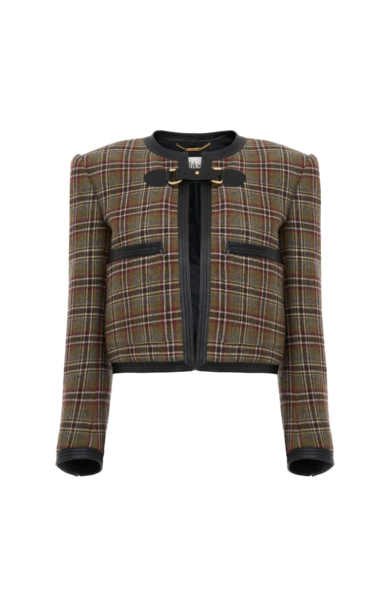 Collarless Cropped Boxy Jacket in Green Check Wool