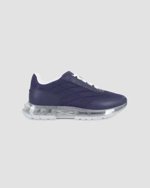 Padded Nylon and Leather Trainers in Navy