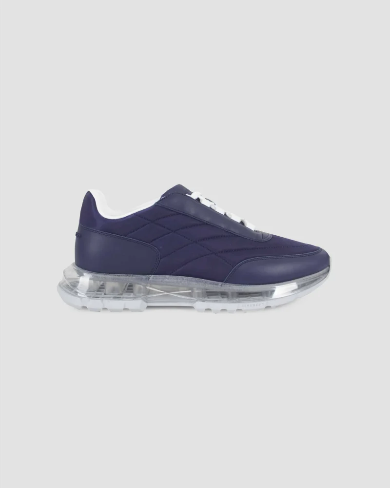 Padded Nylon and Leather Trainers in Navy