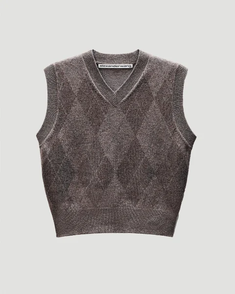 V Neck Crystal Hotfix Argyle Vest