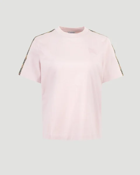 Check Trim Cotton T-Shirt in Pink