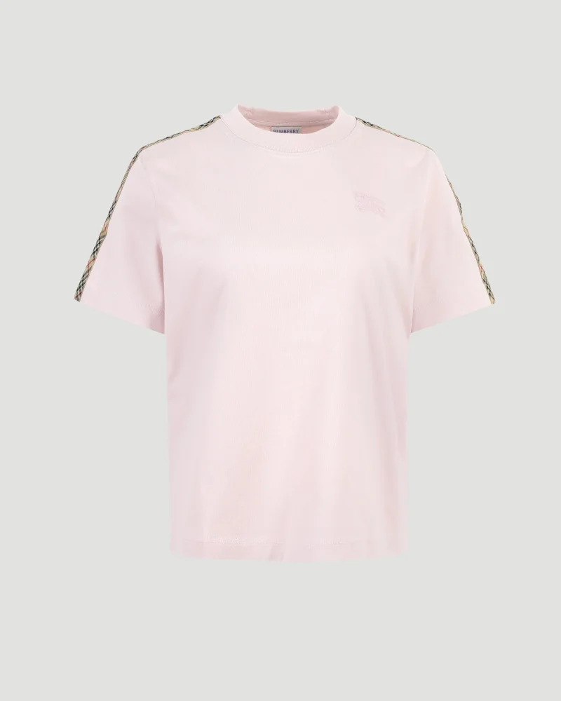 Check Trim Cotton T-Shirt in Pink