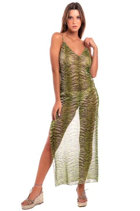 Рокля Long Shoulder Dress Tiger Print PC211A-025 lime — снимка 2