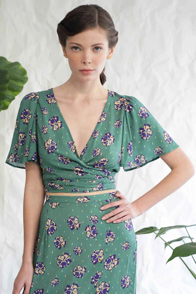 Wraparound Top With Puff Sleeves And Midi Aimee green floral — снимка 2