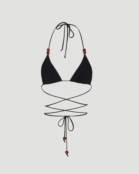 Strappy Triangle Bikini Top with Beads in Black — снимка 2