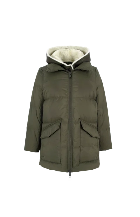 A-Line Down Jacket with Lambskin Shearling Bib Panel in Green