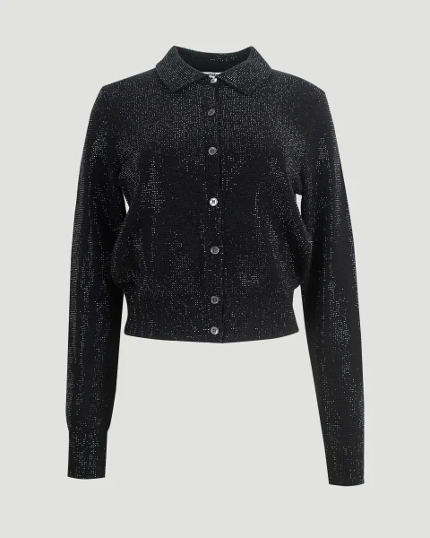 Crystal Hotfix Polo Cardigan in Black