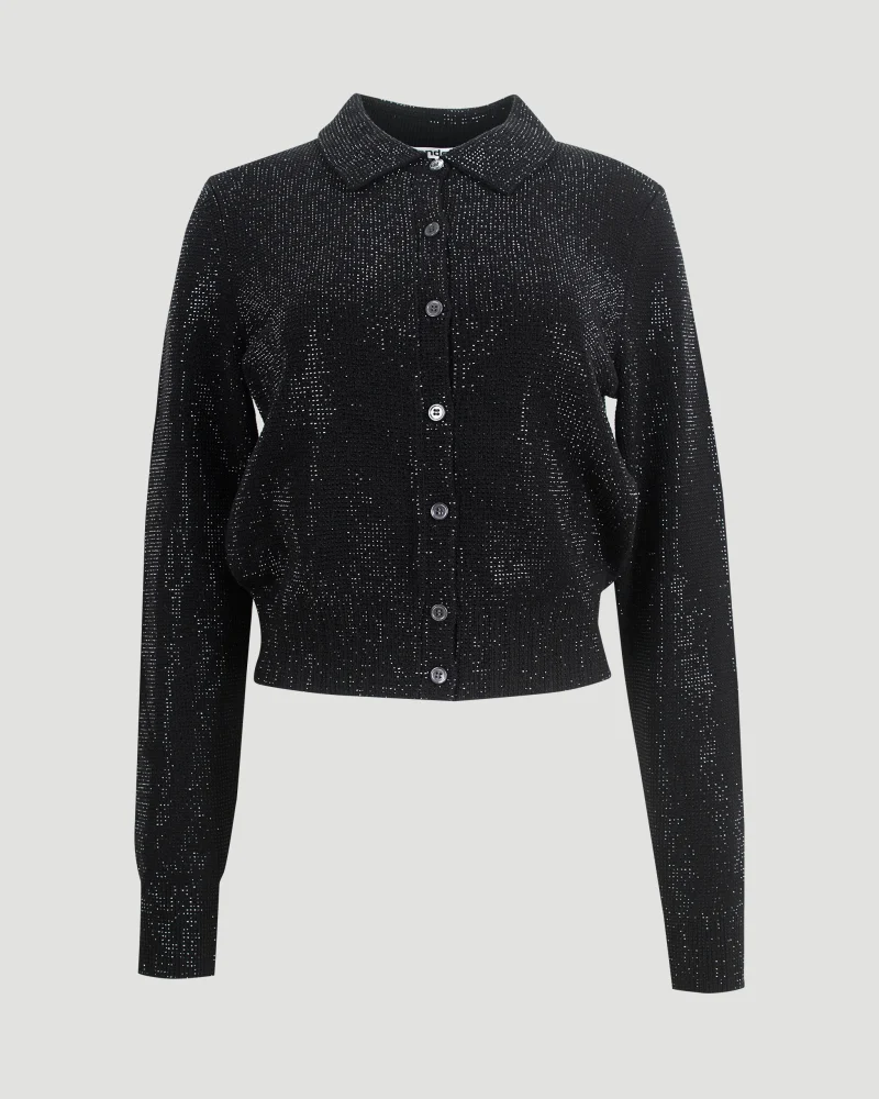 Crystal Hotfix Polo Cardigan in Black