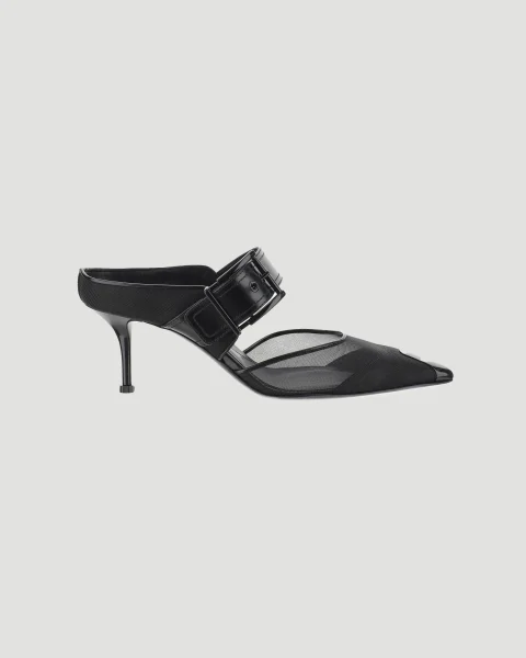 Mesh Heeled Mules in Black