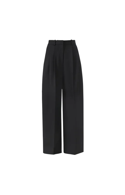 Wool Twill Wide-Leg Pants in Black