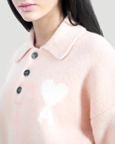 Alpaca Ami de Coeur Polo Sweater in Powder — снимка 3