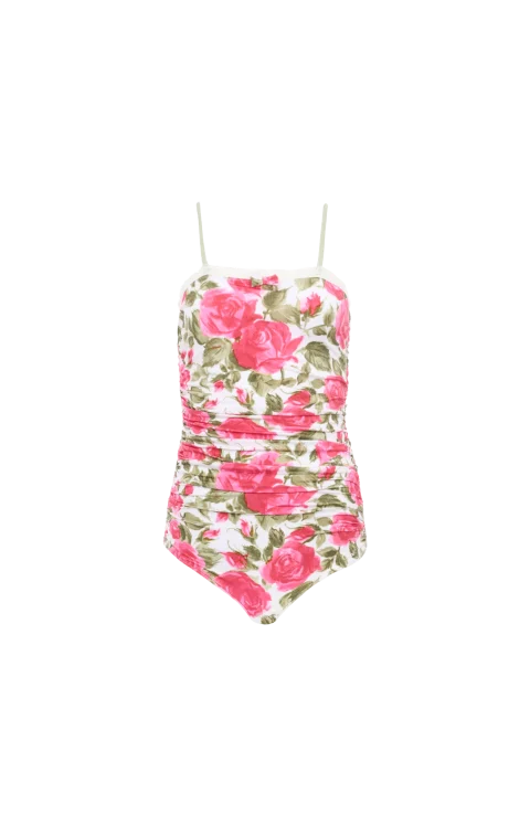 Ruched Rose-Print Bodysuit