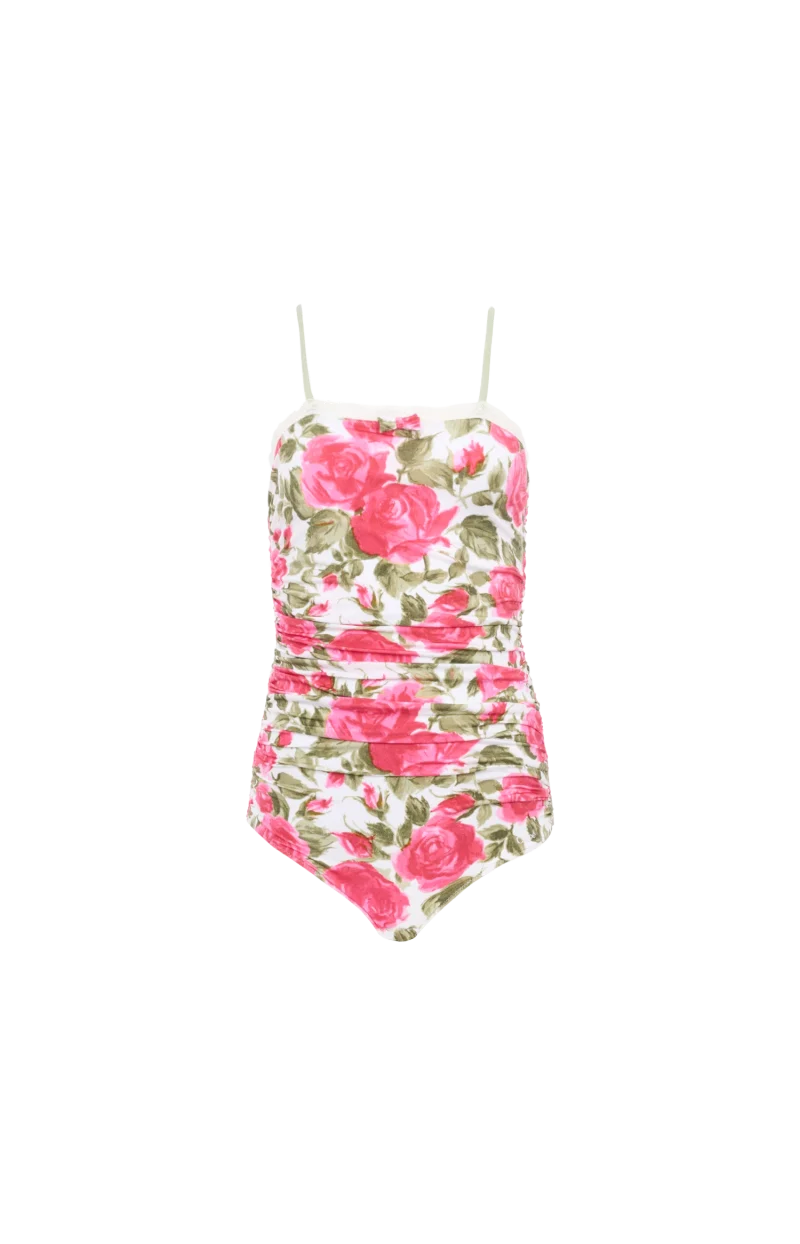 Ruched Rose-Print Bodysuit