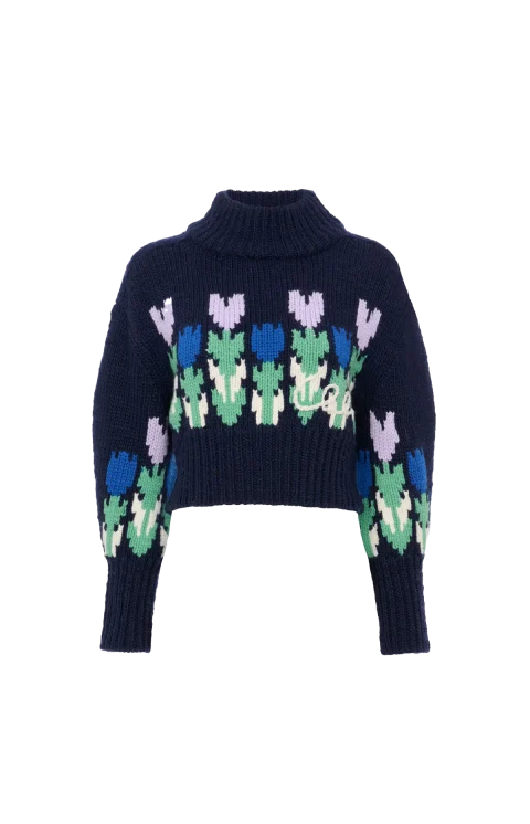 Wool Cropped Mock-Neck Logo Sweater in Dark Navy