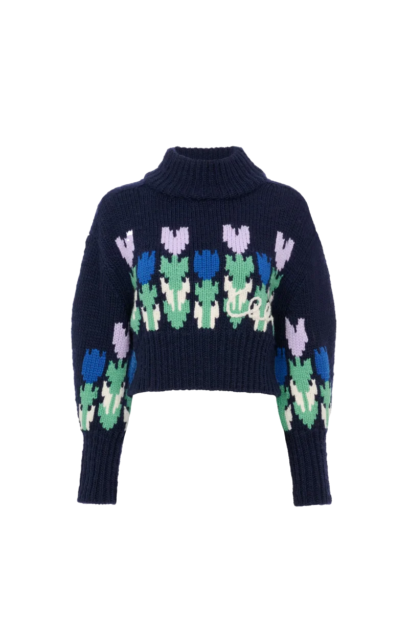 Wool Cropped Mock-Neck Logo Sweater in Dark Navy