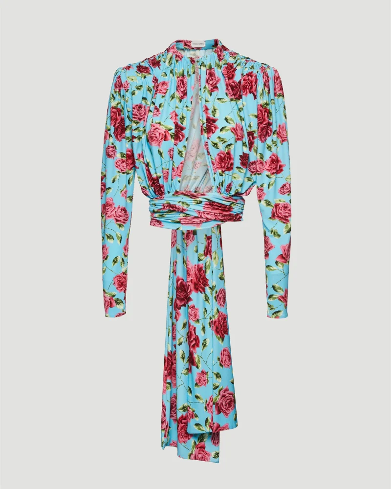Wrap Waist Cutout Blouse in Blue Pint