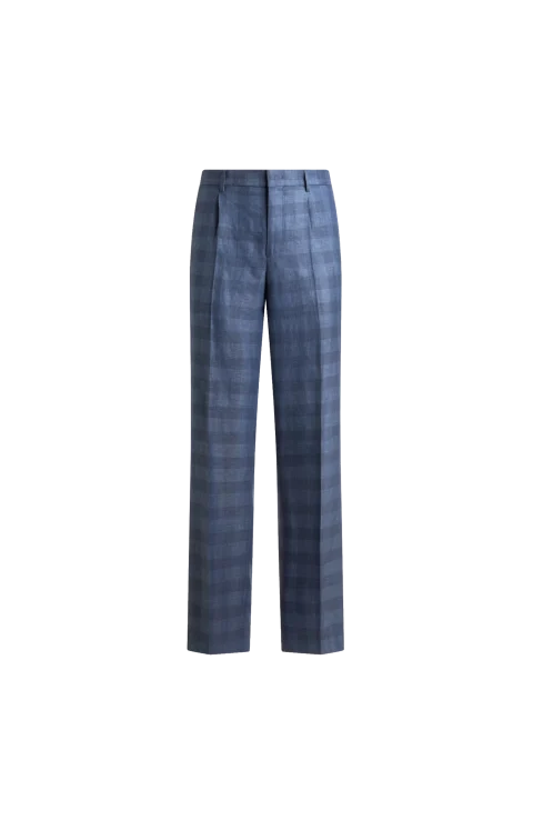Linen Blend Jacquard Trousers with Check Motif