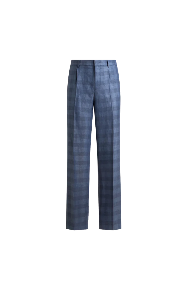 Linen Blend Jacquard Trousers with Check Motif
