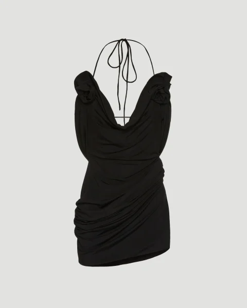 Draped Cowl Neck Midi Dress in Black