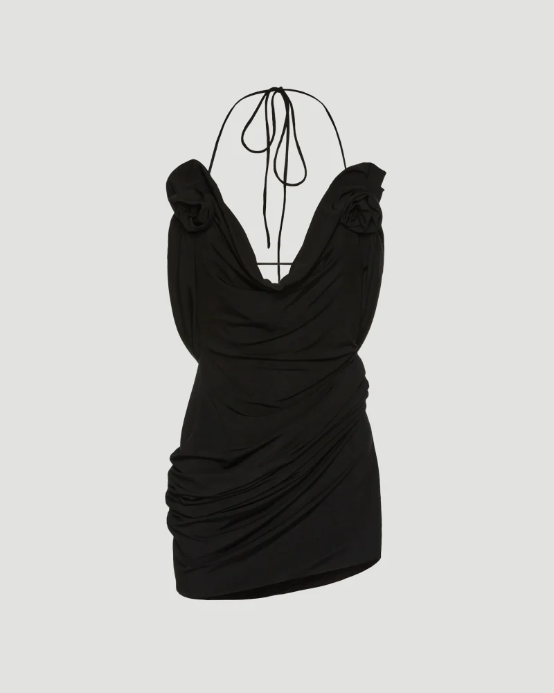 Draped Cowl Neck Midi Dress in Black