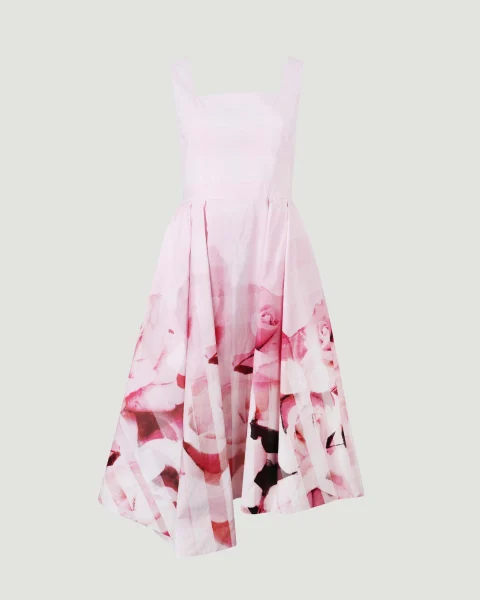Rose Printed Flared Midi Dress