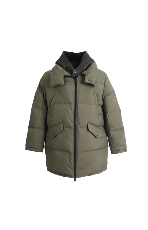 Down Jacket with Lambskin Shearling Bib in Green