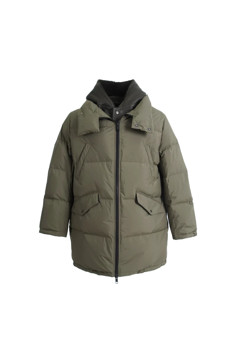 Down Jacket with Lambskin Shearling Bib in Green