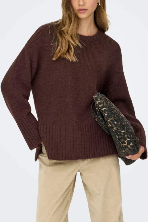 Плетено Onlmaggie Life Ls Loose O-Neck Knt 15324309 19-1314 TCX seal brown — снимка 2